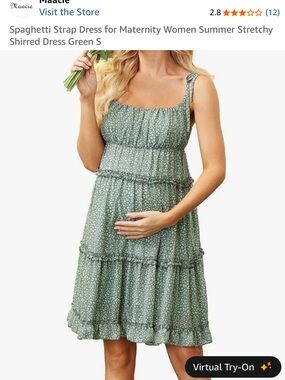 Maternity Spaghetti Strap Shirred Dress in Sage Green